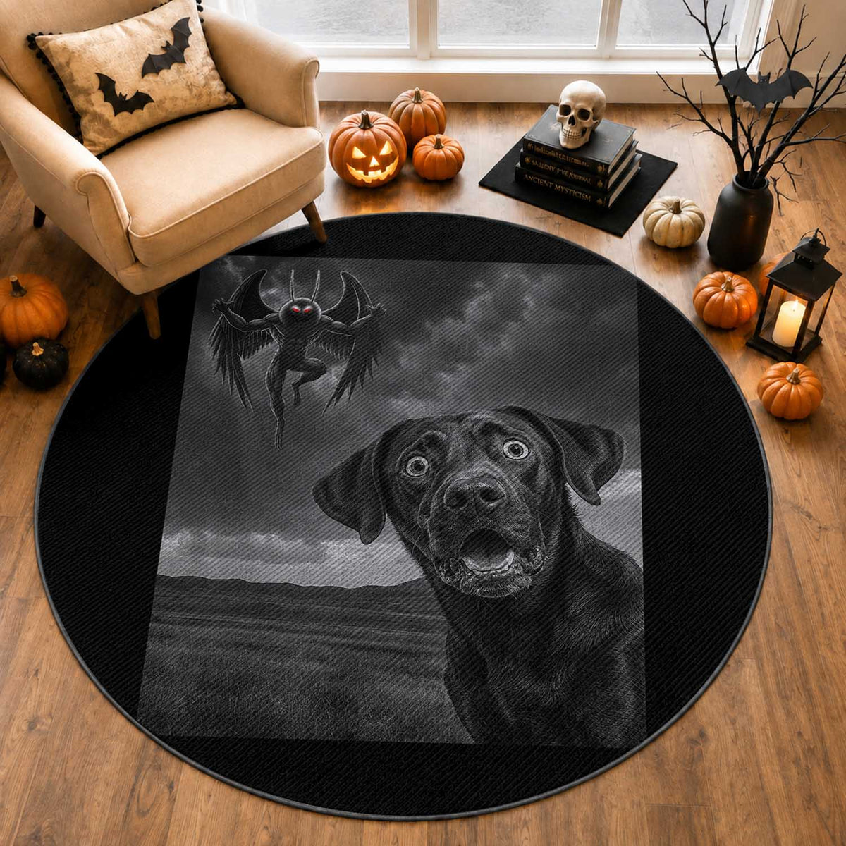 Funny Labrador Selfie With Mothman Round Rug Cryptid Gift