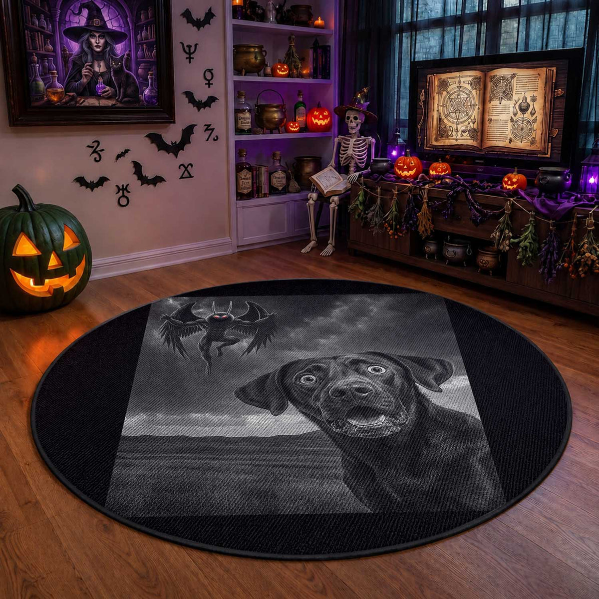 Funny Labrador Selfie With Mothman Round Rug Cryptid Gift
