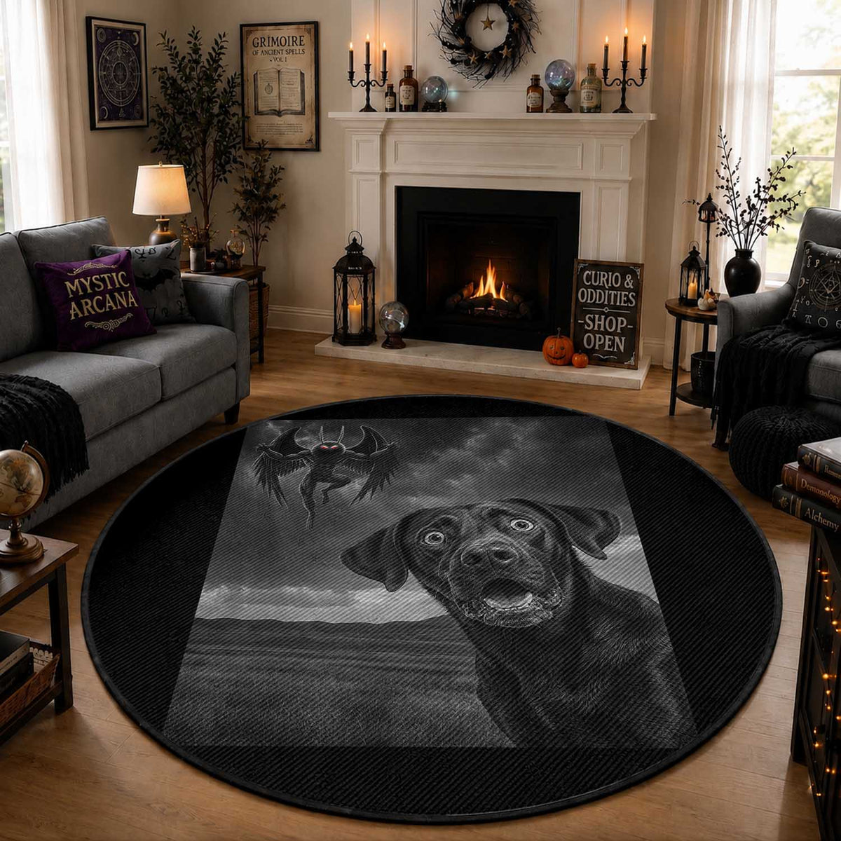 Funny Labrador Selfie With Mothman Round Rug Cryptid Gift
