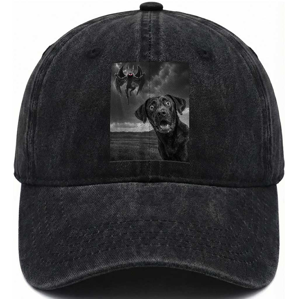 Funny Labrador Selfie With Mothman Washed Cotton Baseball Cap Cryptid Gift TS12 Washed Cap Universal Fit Black Print Your Wear