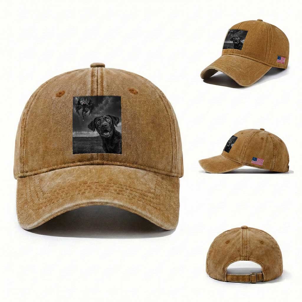 Funny Labrador Selfie With Mothman Washed Cotton Baseball Cap Cryptid Gift TS12 Washed Cap Universal Fit Yellow Ochre Print Your Wear