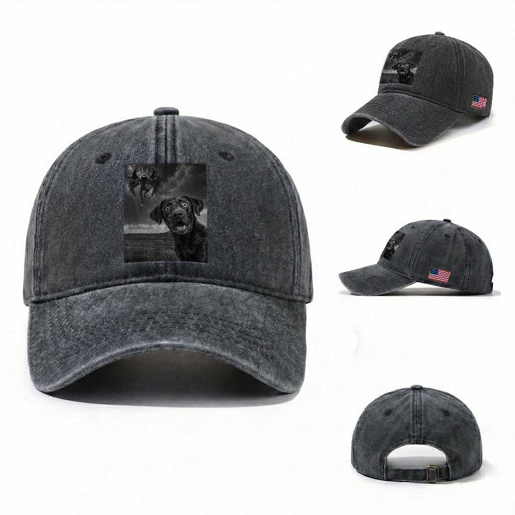 Funny Labrador Selfie With Mothman Washed Cotton Baseball Cap Cryptid Gift TS12 Washed Cap Universal Fit Dark Gray Print Your Wear