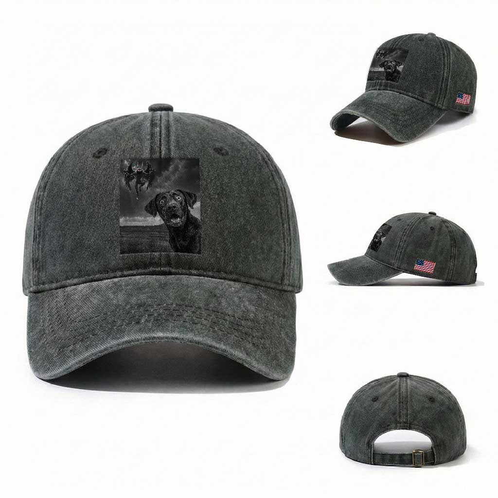 Funny Labrador Selfie With Mothman Washed Cotton Baseball Cap Cryptid Gift TS12 Washed Cap Universal Fit Dark Green Print Your Wear