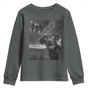 Funny Labrador Selfie With Mothman Youth Sweatshirt Cryptid Gift TS12 Dark Heather Print Your Wear