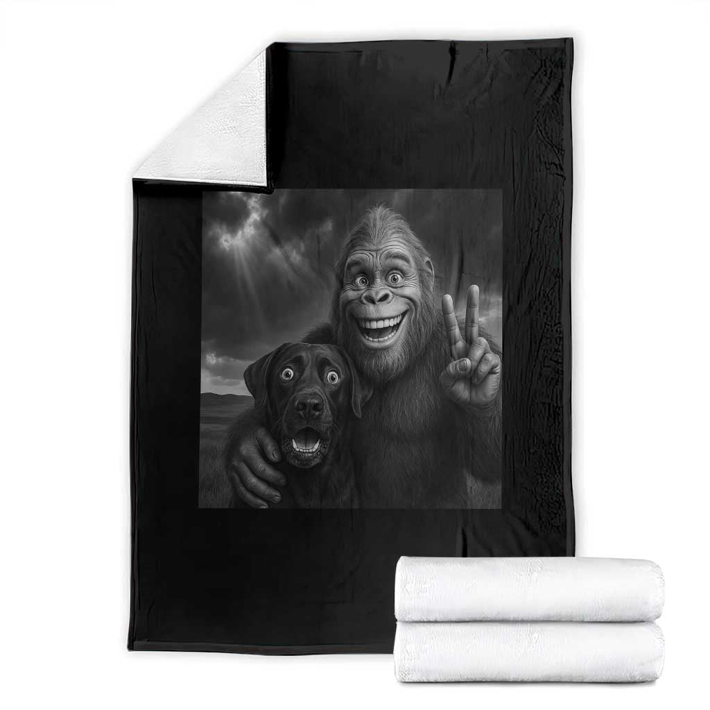 Cute Labrador Selfie With Bigfoot Throw Blanket Funny Cryptid TS12 Black Print Your Wear