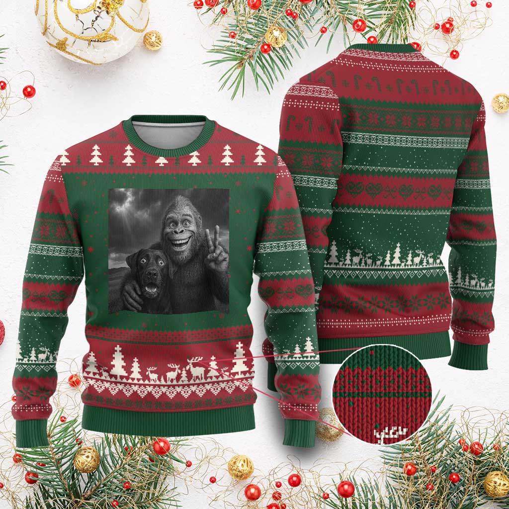Cute Labrador Selfie With Bigfoot Ugly Christmas Sweater Funny Cryptid TS12 Red Green Print Your Wear