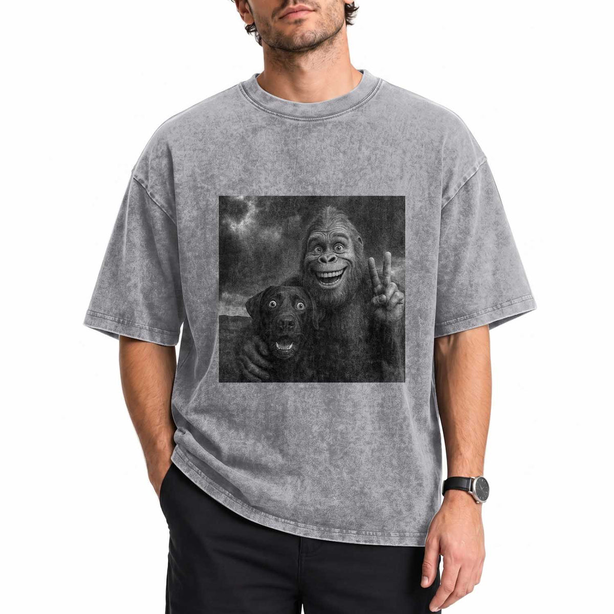 Cute Labrador Selfie With Bigfoot Washed Cotton T-Shirt Funny Cryptid