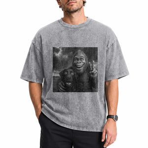Cute Labrador Selfie With Bigfoot Washed Cotton T-Shirt Funny Cryptid