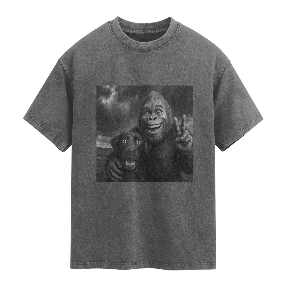 Cute Labrador Selfie With Bigfoot Washed Cotton T-Shirt Funny Cryptid