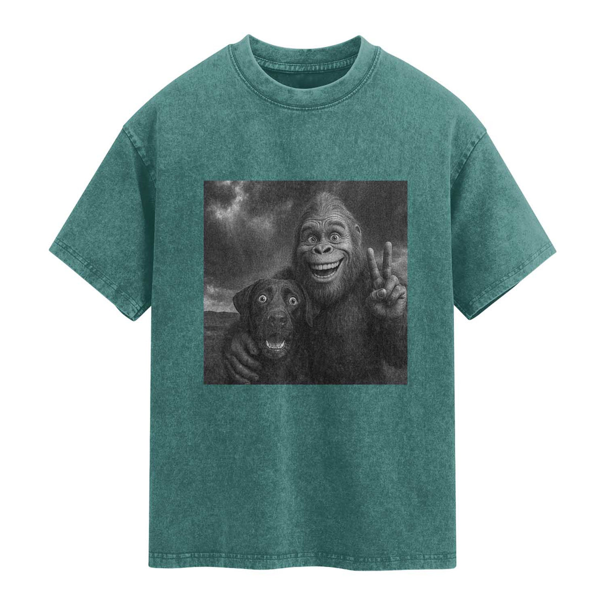 Cute Labrador Selfie With Bigfoot Washed Cotton T-Shirt Funny Cryptid