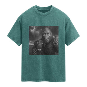 Cute Labrador Selfie With Bigfoot Washed Cotton T-Shirt Funny Cryptid
