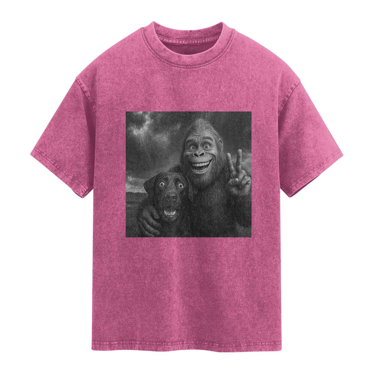 Cute Labrador Selfie With Bigfoot Washed Cotton T-Shirt Funny Cryptid