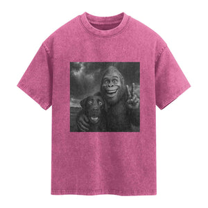 Cute Labrador Selfie With Bigfoot Washed Cotton T-Shirt Funny Cryptid