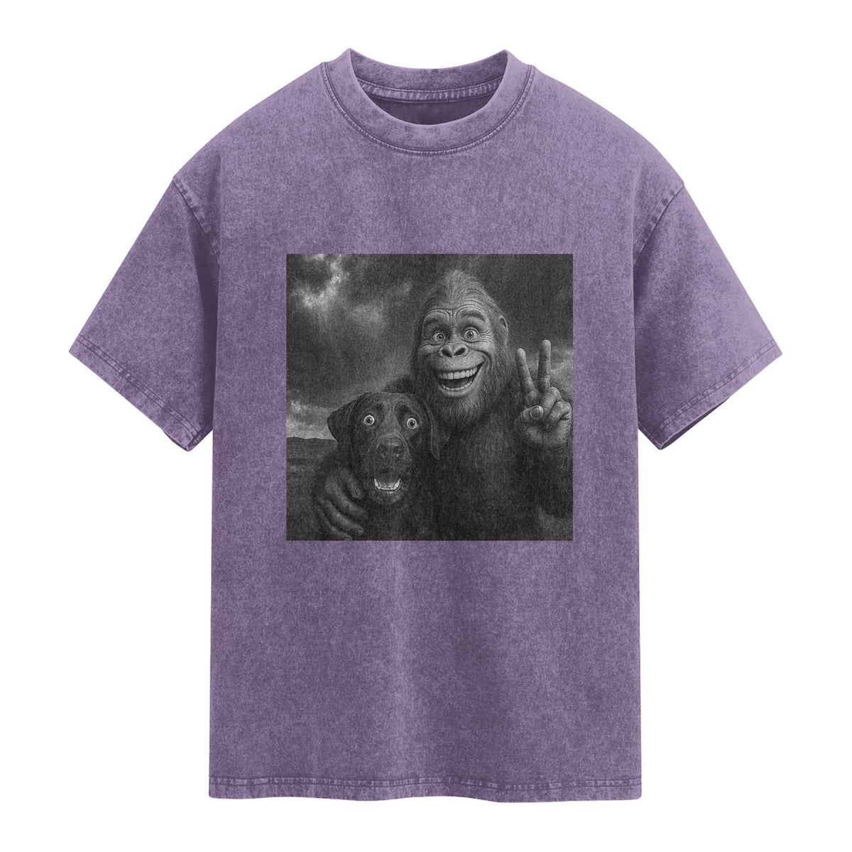 Cute Labrador Selfie With Bigfoot Washed Cotton T-Shirt Funny Cryptid