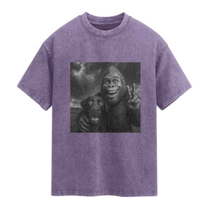 Cute Labrador Selfie With Bigfoot Washed Cotton T-Shirt Funny Cryptid