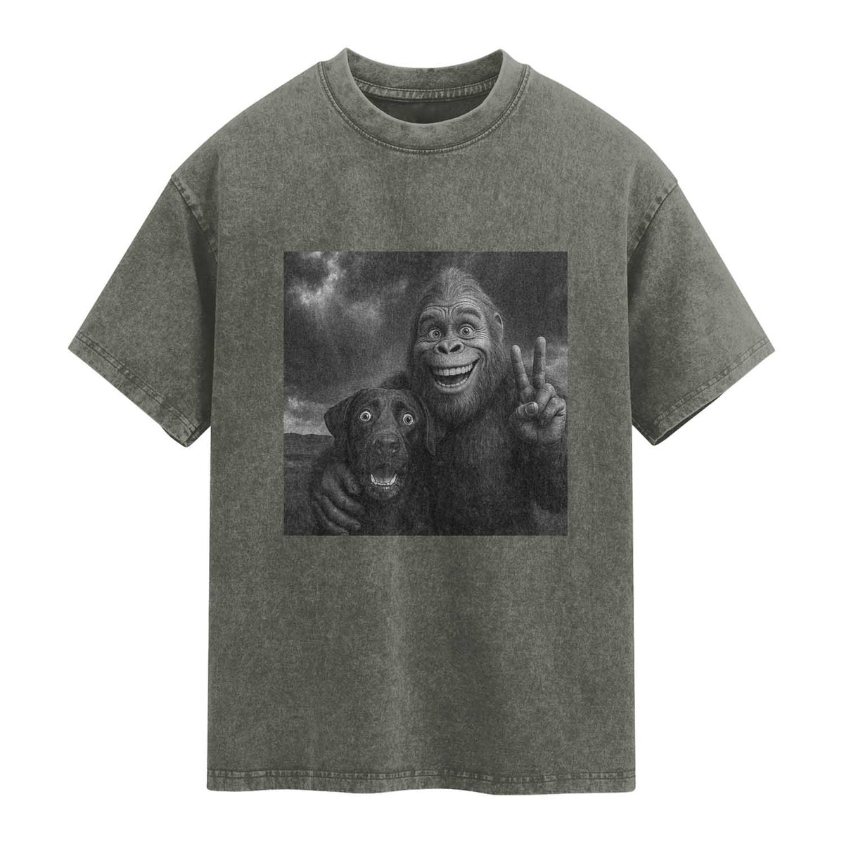 Cute Labrador Selfie With Bigfoot Washed Cotton T-Shirt Funny Cryptid