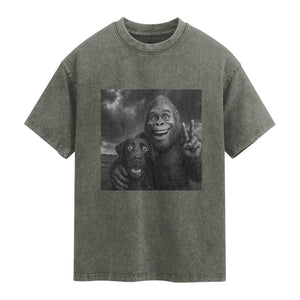 Cute Labrador Selfie With Bigfoot Washed Cotton T-Shirt Funny Cryptid
