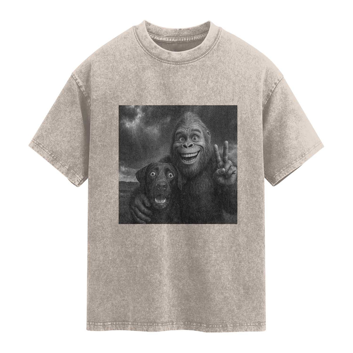 Cute Labrador Selfie With Bigfoot Washed Cotton T-Shirt Funny Cryptid