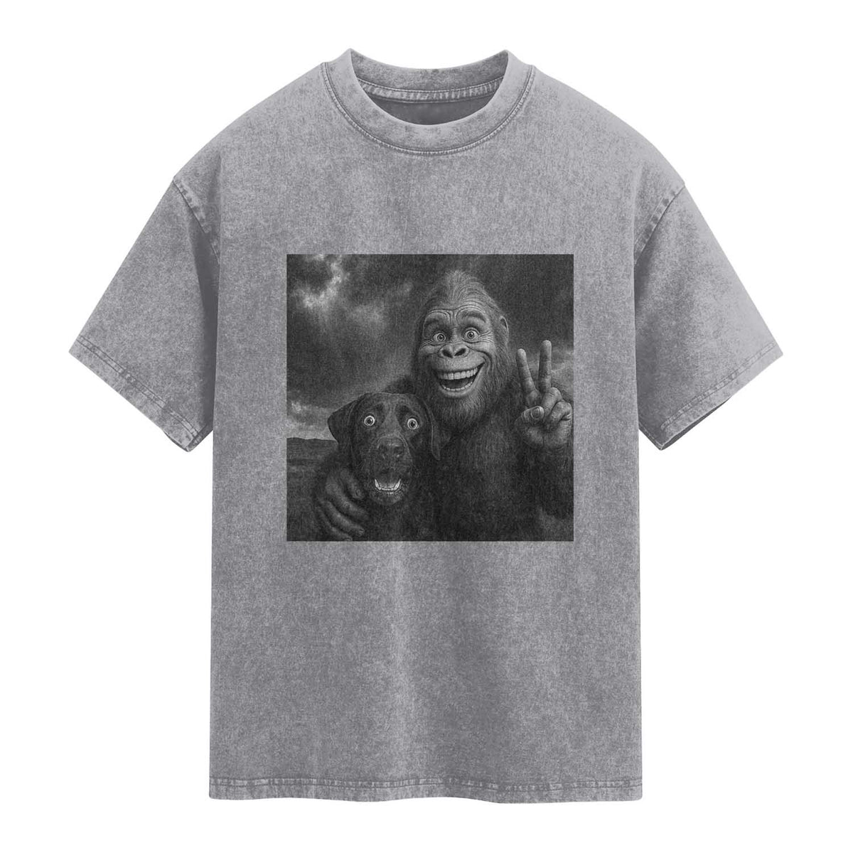 Cute Labrador Selfie With Bigfoot Washed Cotton T-Shirt Funny Cryptid