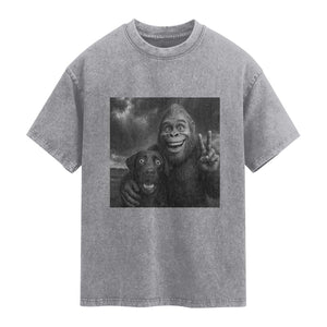 Cute Labrador Selfie With Bigfoot Washed Cotton T-Shirt Funny Cryptid