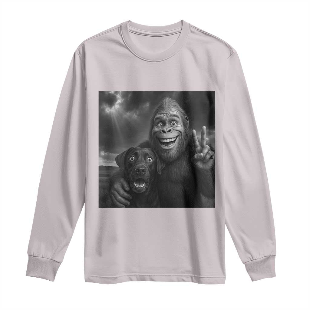 Cute Labrador Selfie With Bigfoot Long Sleeve Shirt Funny Cryptid TS12 Ice Gray Print Your Wear
