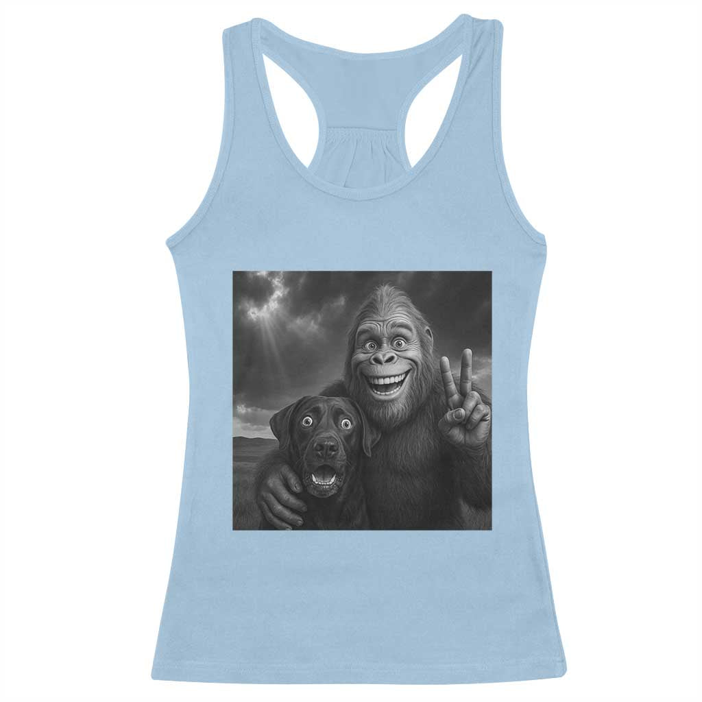 Cute Labrador Selfie With Bigfoot Racerback Tank Top Funny Cryptid TS12 Light Blue Print Your Wear