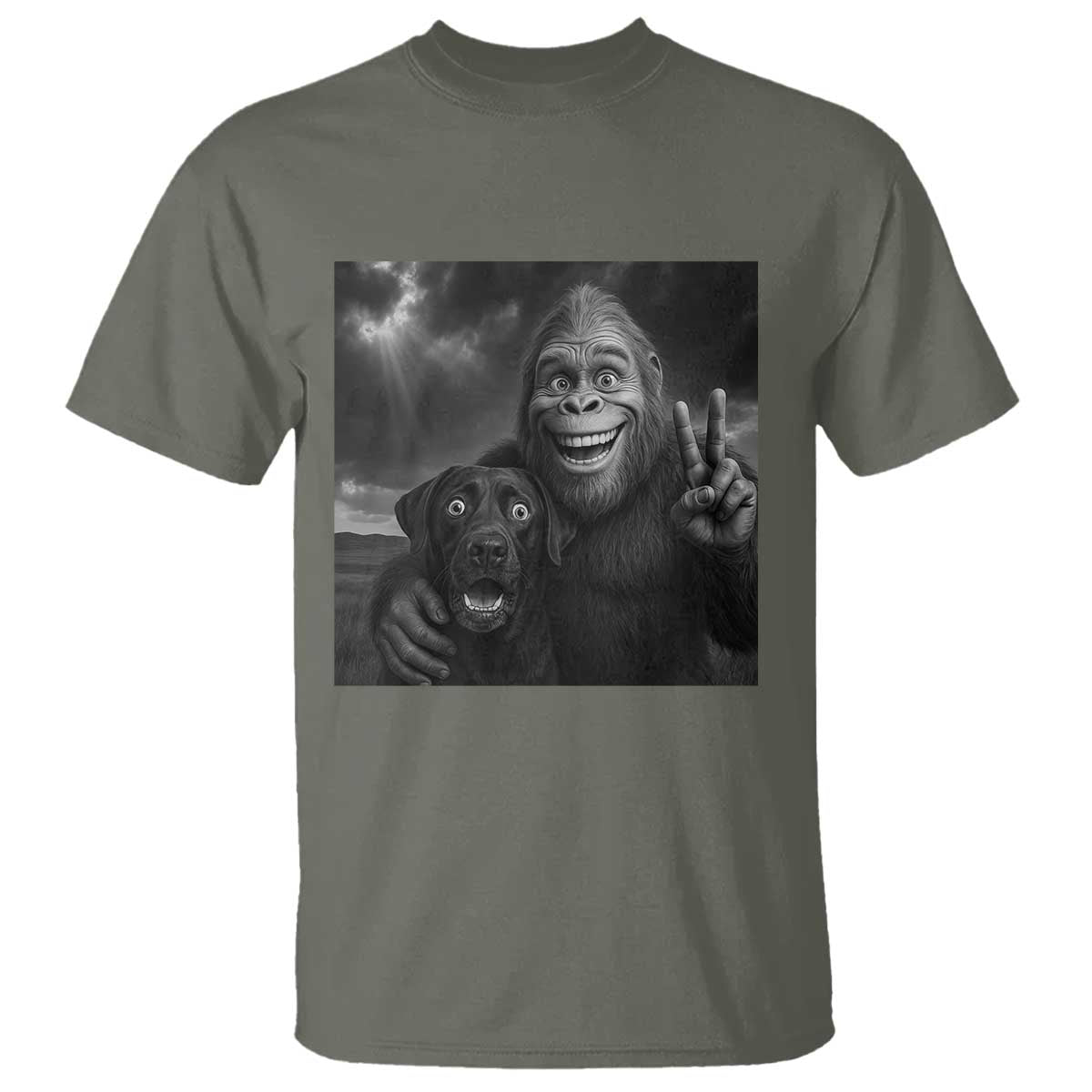 Cute Labrador Selfie With Bigfoot T Shirt Funny Cryptid TS12 Military Green Print Your Wear
