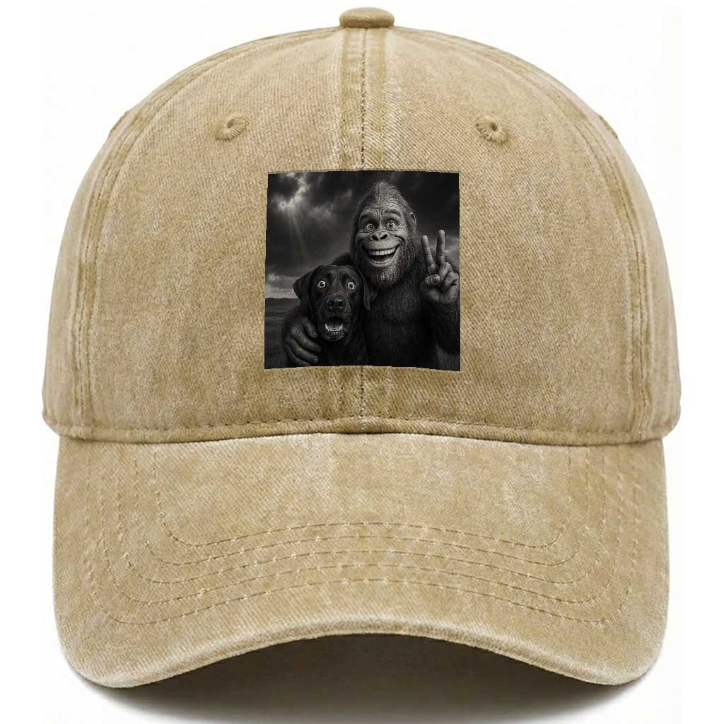 Cute Labrador Selfie With Bigfoot Washed Cotton Baseball Cap Funny Cryptid TS12 Washed Cap Universal Fit Khaki Print Your Wear