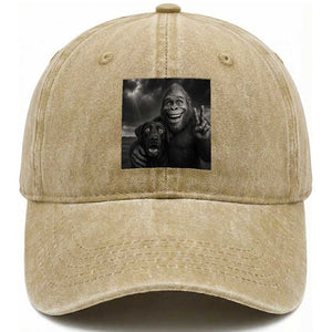 Cute Labrador Selfie With Bigfoot Washed Cotton Baseball Cap Funny Cryptid TS12 Washed Cap Universal Fit Khaki Print Your Wear