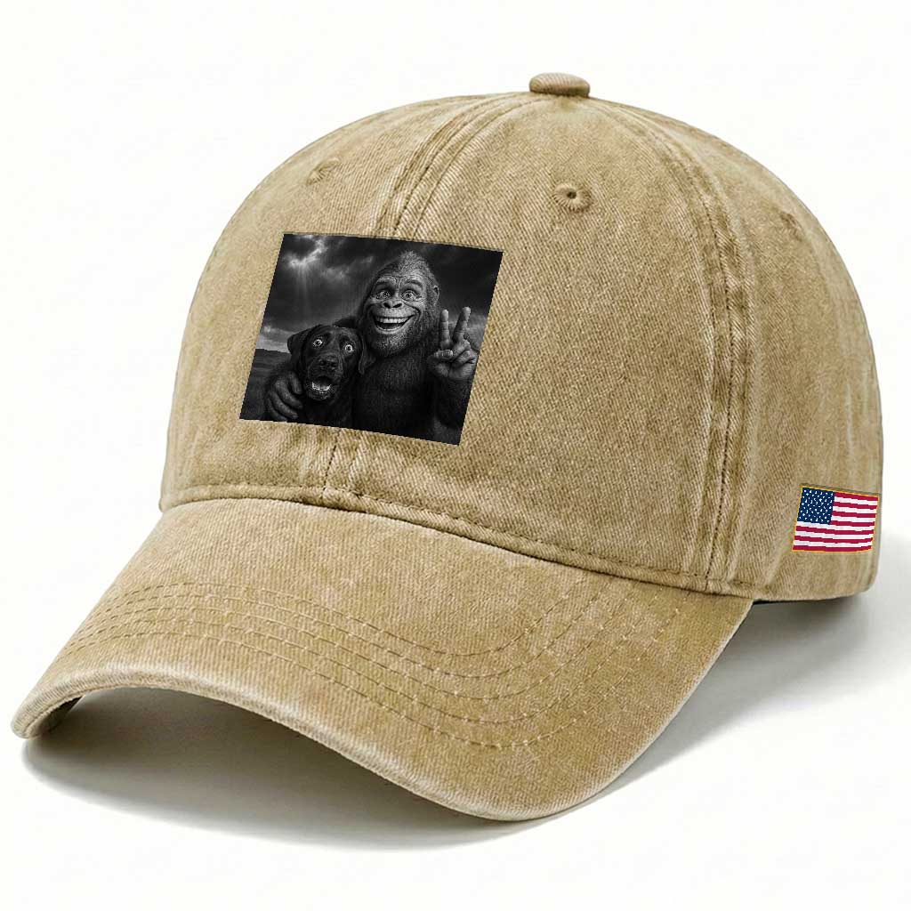 Cute Labrador Selfie With Bigfoot Washed Cotton Baseball Cap Funny Cryptid TS12 Print Your Wear