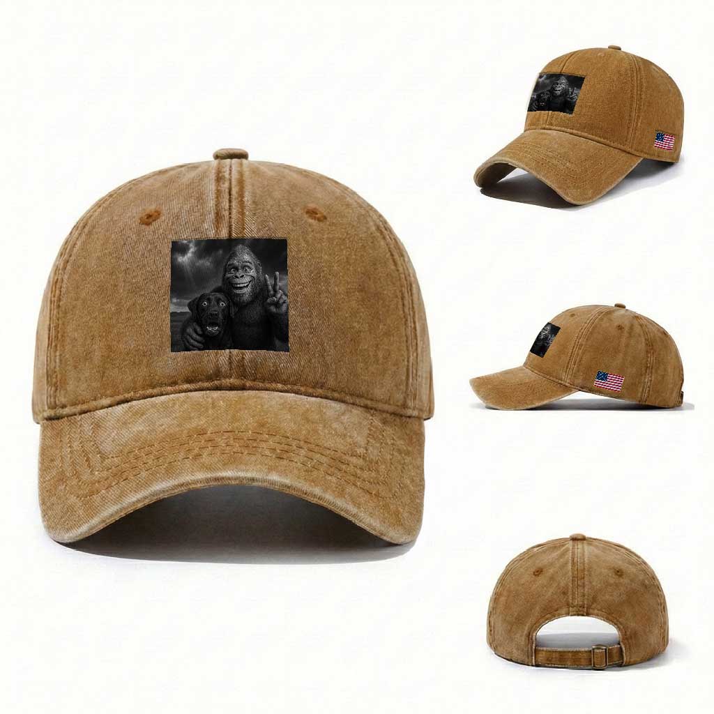 Cute Labrador Selfie With Bigfoot Washed Cotton Baseball Cap Funny Cryptid TS12 Washed Cap Universal Fit Yellow Ochre Print Your Wear