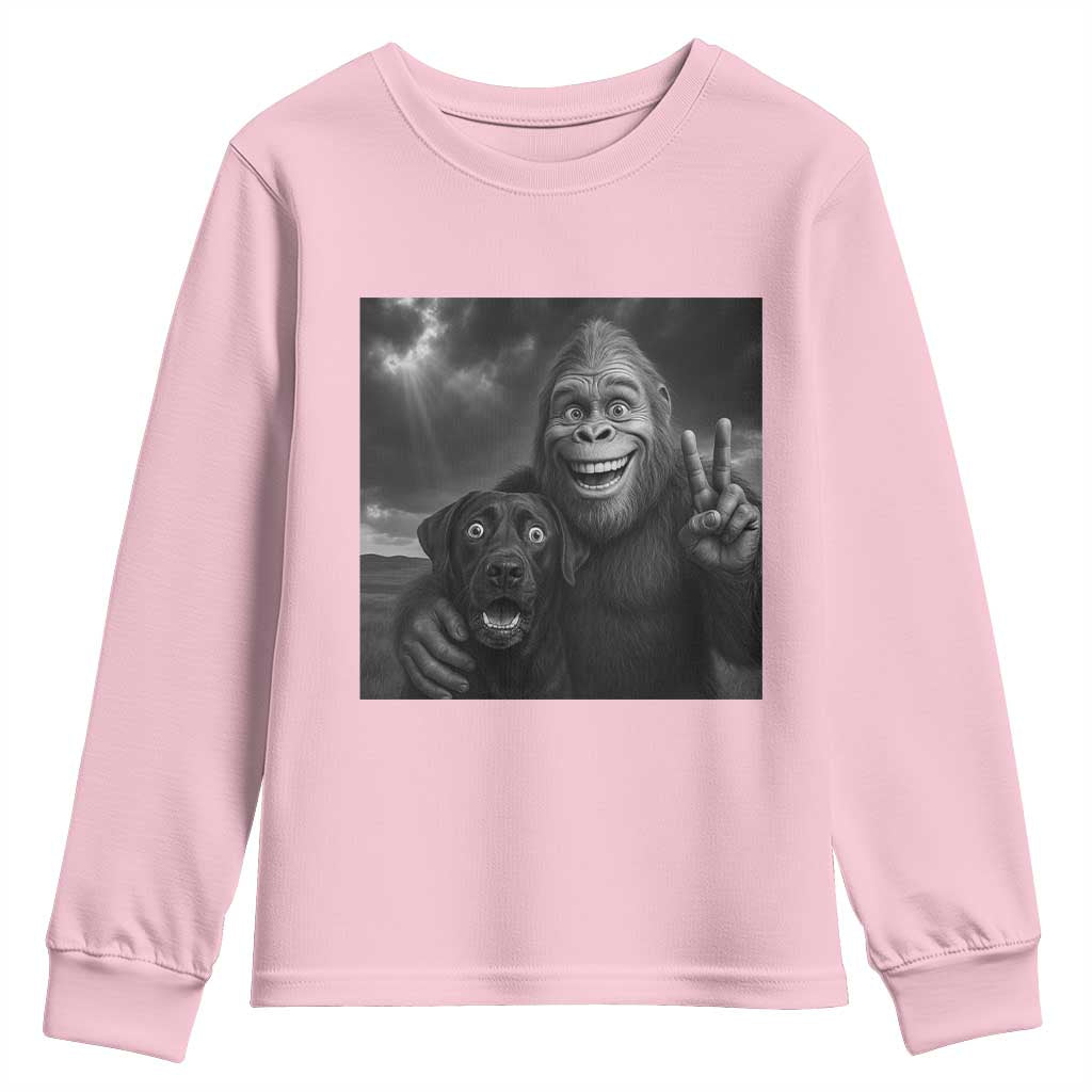 Cute Labrador Selfie With Bigfoot Youth Sweatshirt Funny Cryptid TS12 Light Pink Print Your Wear
