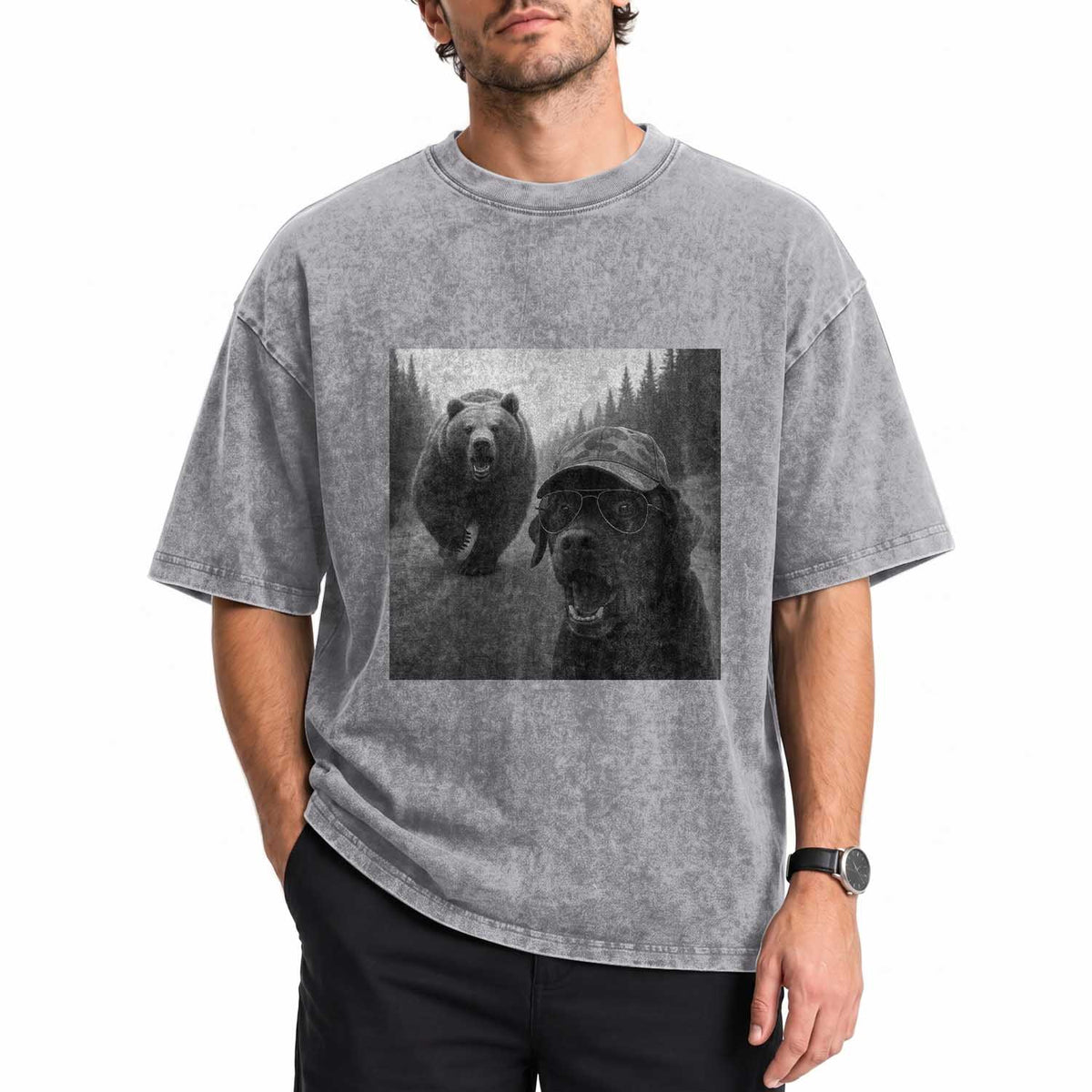 Funny Labrador Selfie With Bear Washed Cotton T-Shirt Dog Lover Gift