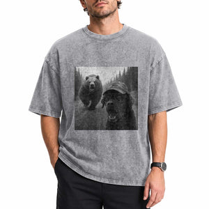 Funny Labrador Selfie With Bear Washed Cotton T-Shirt Dog Lover Gift