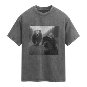 Funny Labrador Selfie With Bear Washed Cotton T-Shirt Dog Lover Gift