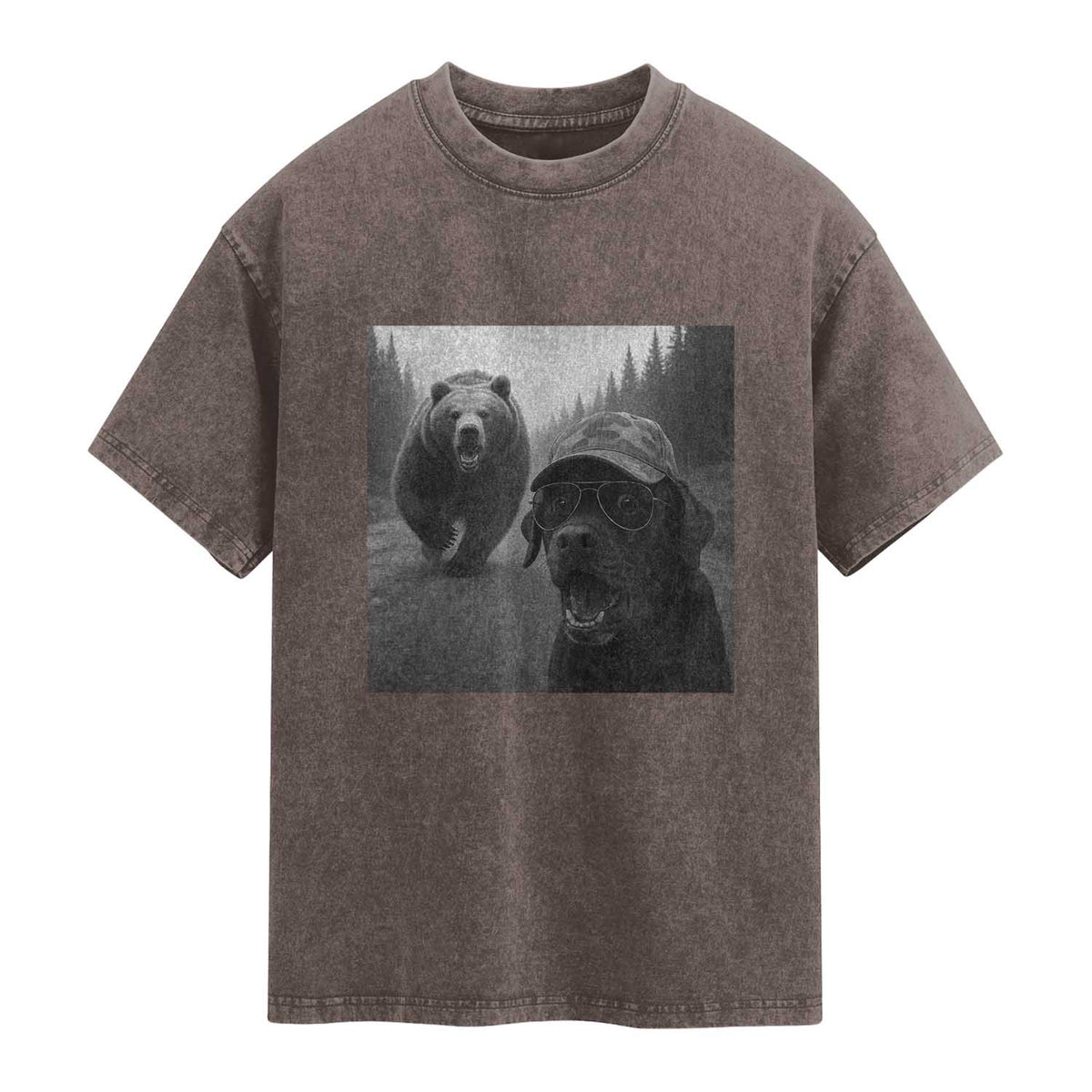 Funny Labrador Selfie With Bear Washed Cotton T-Shirt Dog Lover Gift