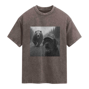 Funny Labrador Selfie With Bear Washed Cotton T-Shirt Dog Lover Gift