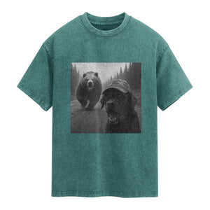 Funny Labrador Selfie With Bear Washed Cotton T-Shirt Dog Lover Gift