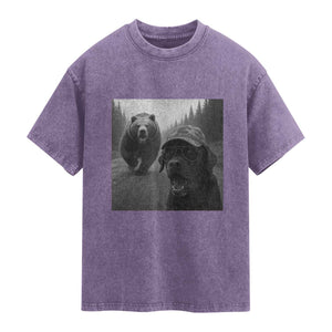 Funny Labrador Selfie With Bear Washed Cotton T-Shirt Dog Lover Gift