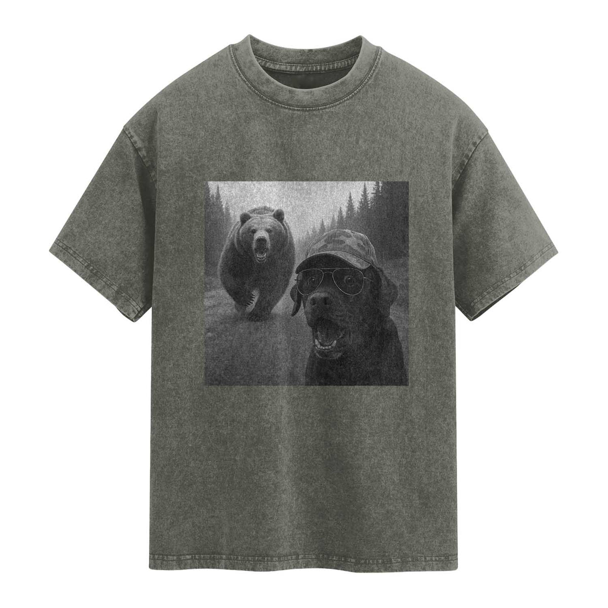 Funny Labrador Selfie With Bear Washed Cotton T-Shirt Dog Lover Gift