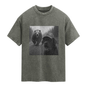 Funny Labrador Selfie With Bear Washed Cotton T-Shirt Dog Lover Gift