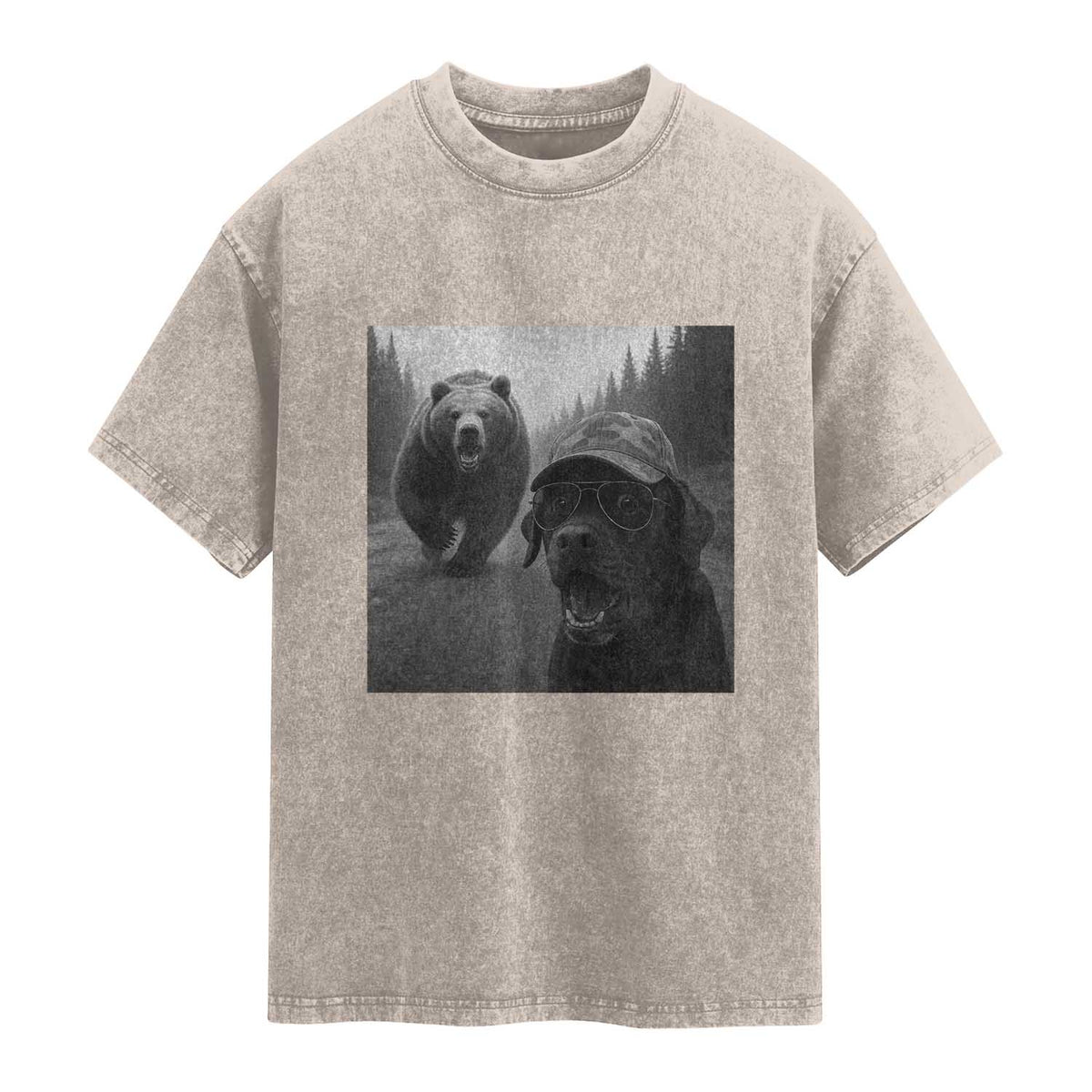 Funny Labrador Selfie With Bear Washed Cotton T-Shirt Dog Lover Gift