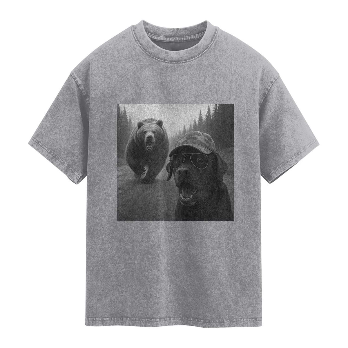 Funny Labrador Selfie With Bear Washed Cotton T-Shirt Dog Lover Gift