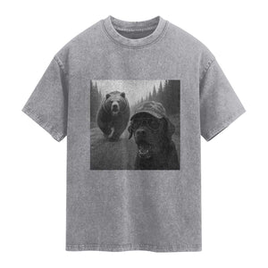 Funny Labrador Selfie With Bear Washed Cotton T-Shirt Dog Lover Gift