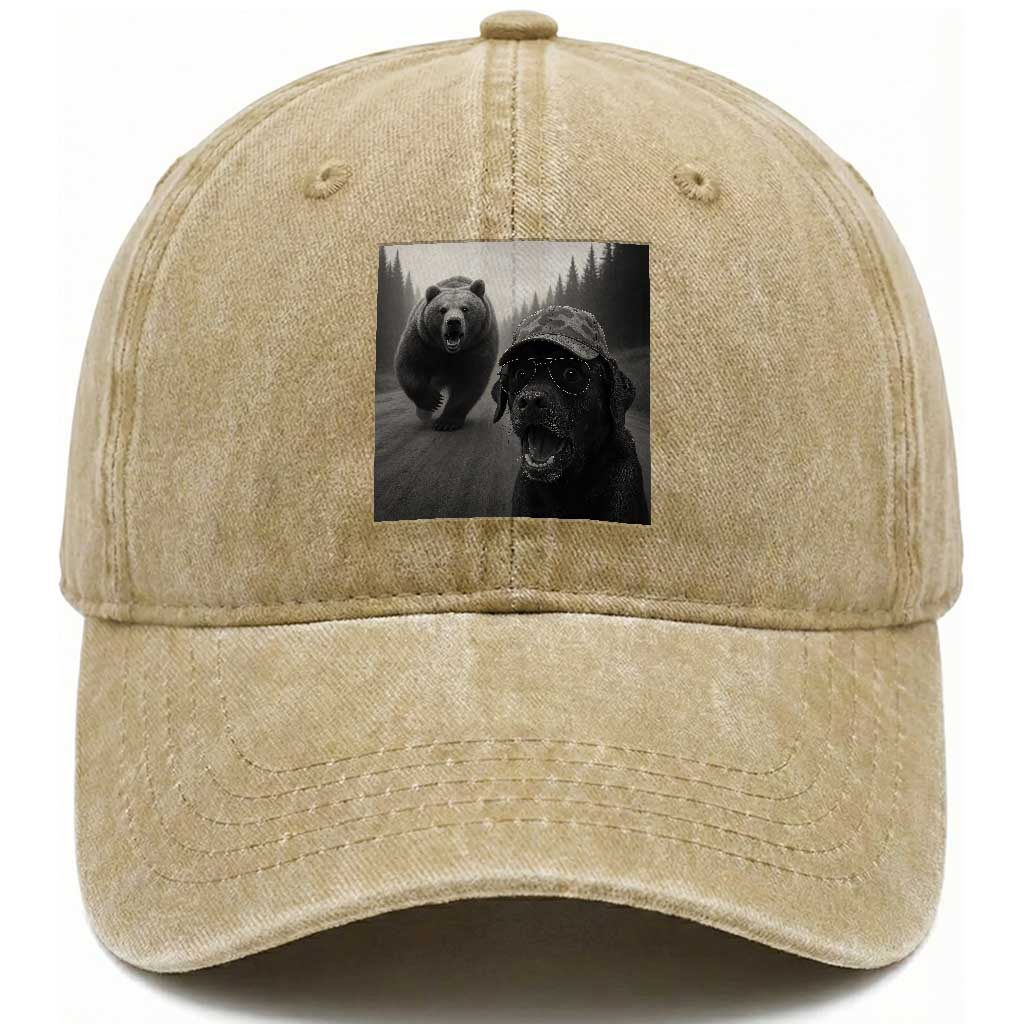 Funny Labrador Selfie With Bear Washed Cotton Baseball Cap Dog Lover Gift TS12 Washed Cap Universal Fit Khaki Print Your Wear