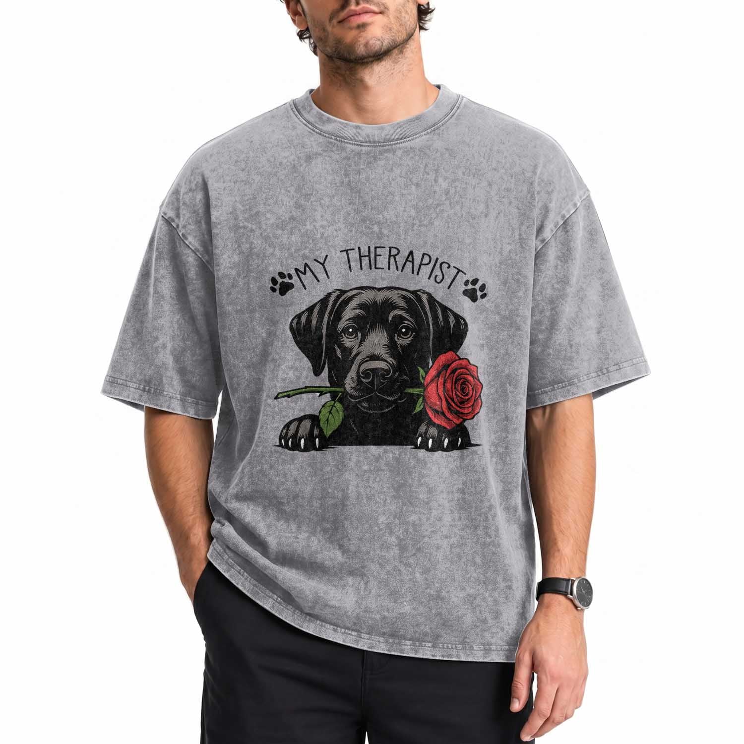 Black Labrador Retriever Is My Therapist Washed Cotton T-Shirt Dog Lover Gift