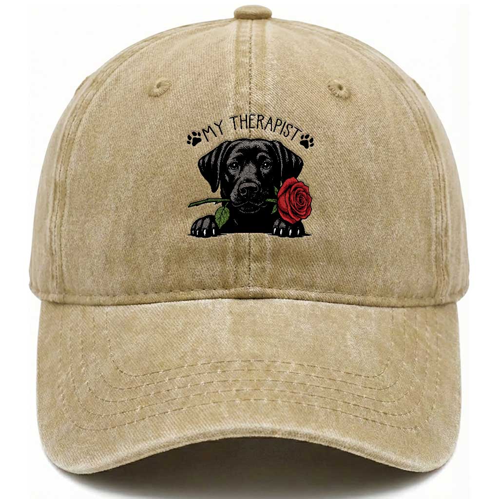 Black Labrador Retriever Is My Therapist Washed Cotton Baseball Cap Dog Lover Gift TS12 Washed Cap Universal Fit Khaki Print Your Wear