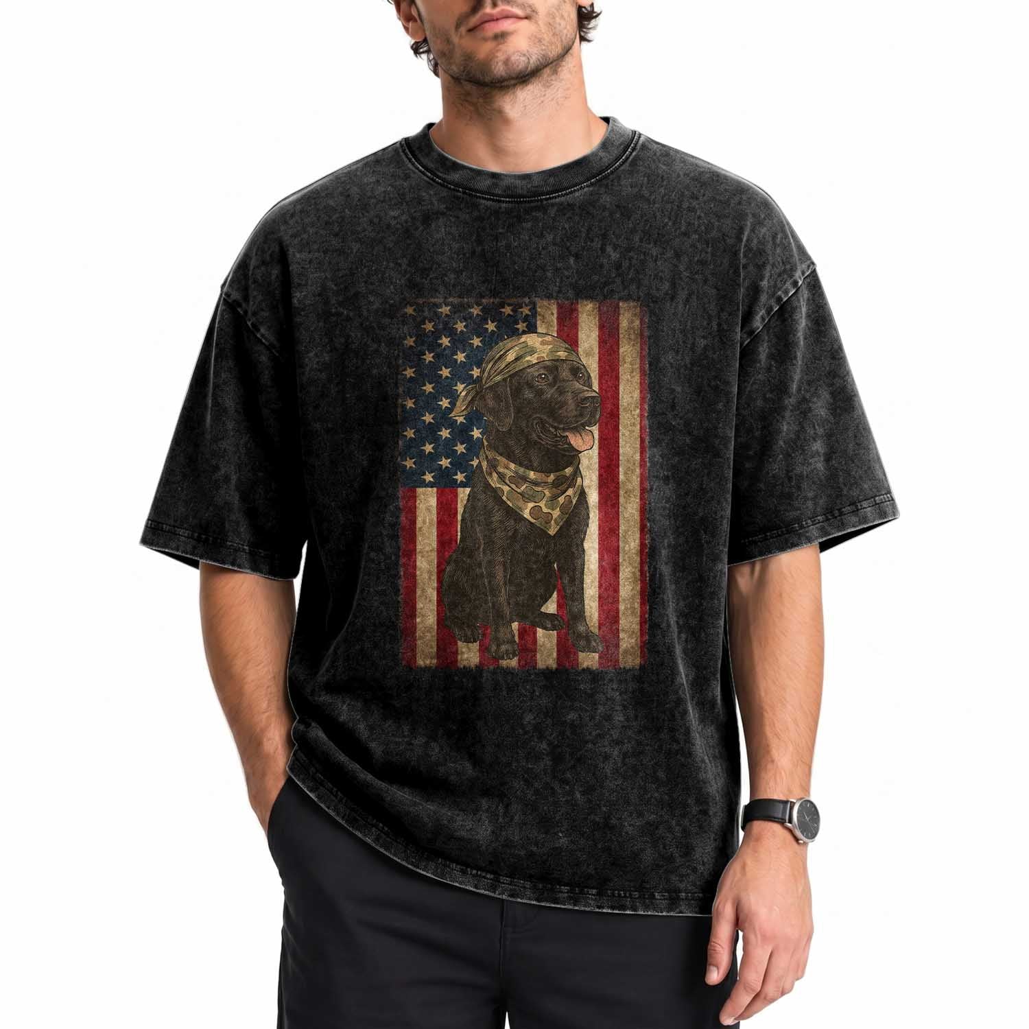 Black Labrador Washed Cotton T-Shirt Hunting American Flag Dog Lover Gift