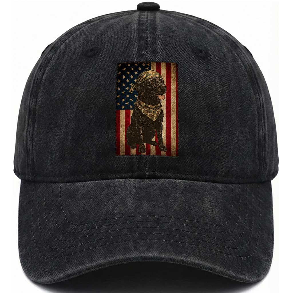 Black Labrador Washed Cotton Baseball Cap Hunting American Flag Dog Lover Gift TS12 Washed Cap Universal Fit Black Print Your Wear