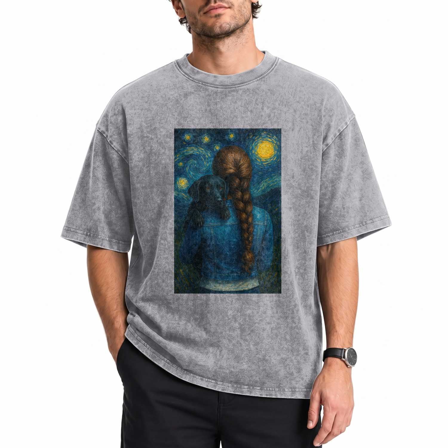 Starry Night Art Parody Washed Cotton T-Shirt Girl And Labrador Retriever Dog Mom Gift